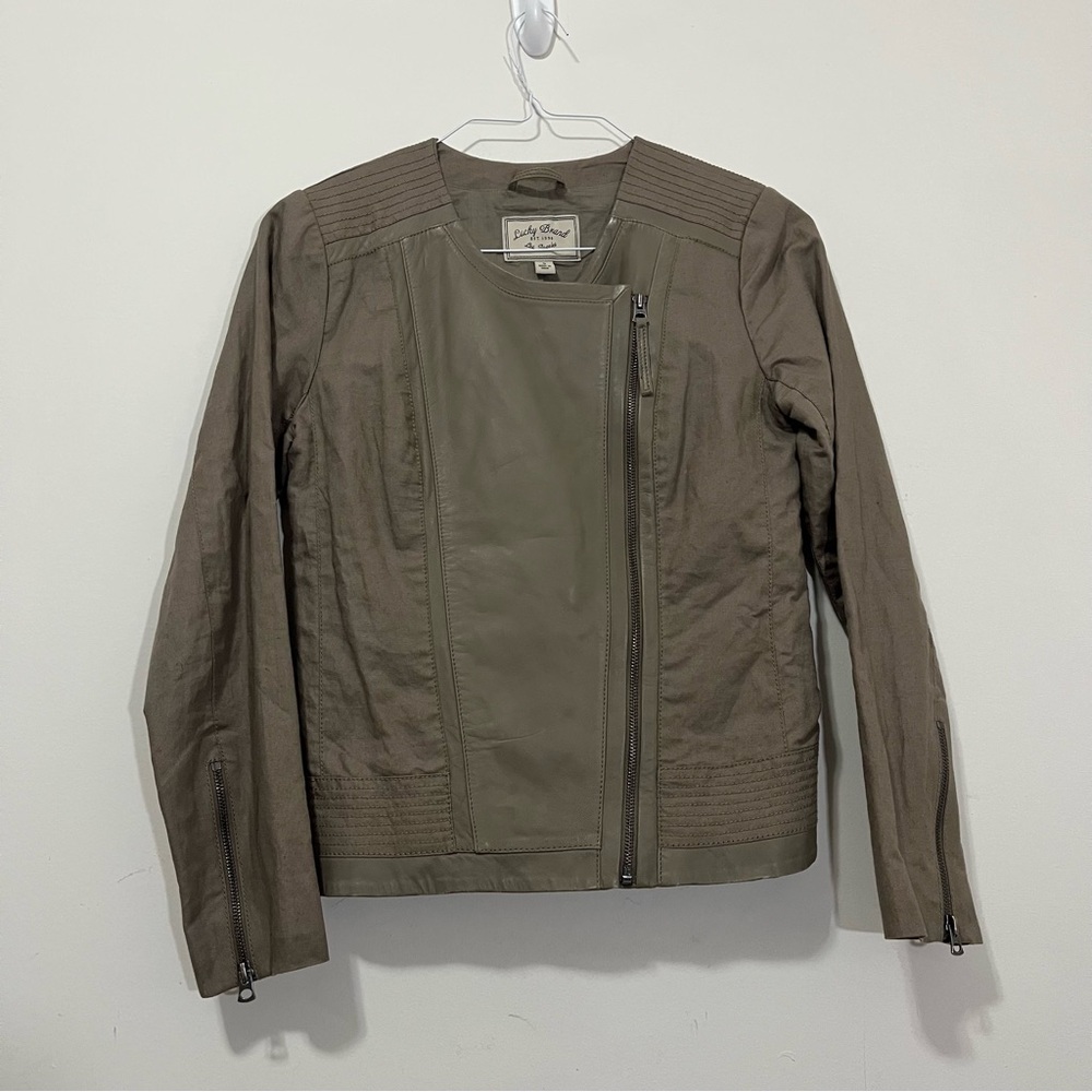 Lucky Brand Lamb Leather Moto Jacket Womens S Beige Tan Full Zip Biker Chic Boho
